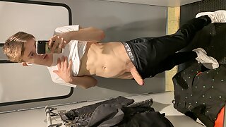 Twink jerk in suiting room and cum on the mirror